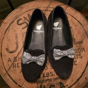 Bobbie's Dark Navy Flats with Glittering Silver Bow